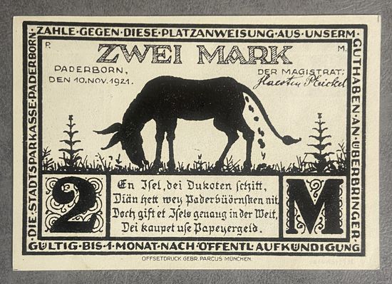 Нотгельд 2 марки 1921 год. Падерборн. Веймарская республика.