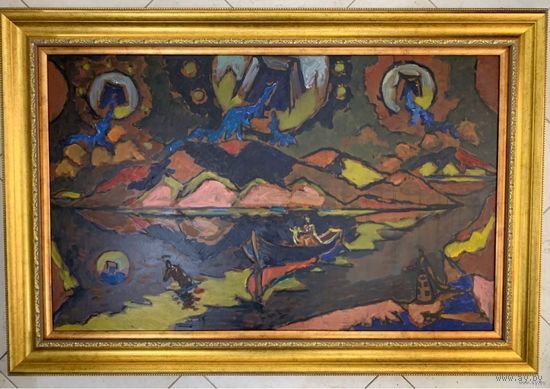 Кищенко А.М;114/78см.с учетом рамы "По реке жизни", ДВП,масло.Размер с рамой 114х78см.