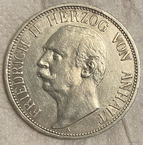 Монета 3 марки 1909 год. Ангальт. Германская империя. Фридрих II Герцог Ангальта.