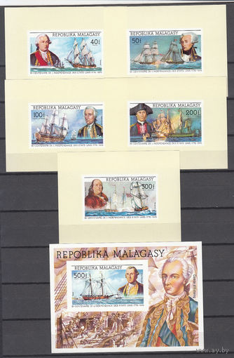Корабли и мореплаватели. Мадагаскар. 1975. 6 блоков б/з. Michel N 742-746, бл7 (- е).