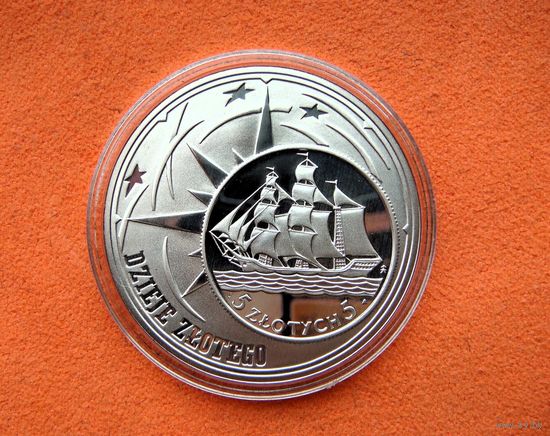 10 злотых 2005. Польша. История польского злотого. Парусное судно на 5 злотых 1936 года. Серебро