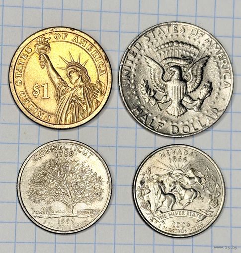 С 1 РУБЛЯ! СБОРНЫЙ ЛОТ 4 МОНЕТЫ США 1 ДОЛЛОР 50 ЦЕНТОВ 25 ЦЕНТОВ 1999 2006 1983