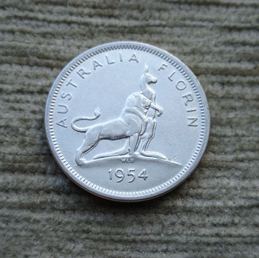 Werty71 Австралия 1 флорин 1954  Елизавета 2 Серебро Лев Кегуру