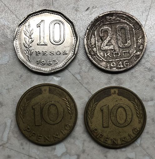 10 песо Аргентина 1963 г., 20 копеек СССР 1946 г., 10 пфеннигов Германия: 1985 г. J, 1994 г. F