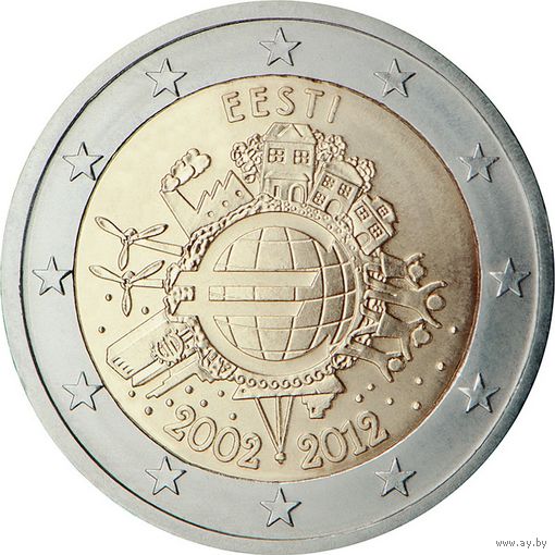 2 евро Эстония 2012 10 ЛЕТ НАЛИЧНОМУ ОБРАЩЕНИЮ ЕВРО UNC из ролла
