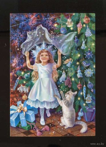 Открытка. Дети. Ребенок. С новым годом! Кот. Котик. Елочка. Утренник. Снежинка. Художник.Таня Сытая (чистая)