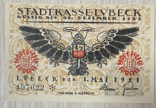 Нотгельд 50 пфеннигов 1921 год. Любек. Веймарская республика.