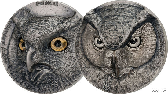 RARE Кот-Д'Ивуар 2х5000 франков 2021г. Набор: "Сова". Rhodium; Gold. Монеты в капсулах, шикарном подарочном футляре; сертификат; коробка. СЕРЕБРО 2х155,50гр.(10 oz).