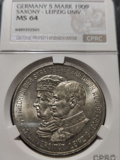 Германия. Саксония. 5 марок 1909г. Лейпцигский университет. слаб CPRC MS64