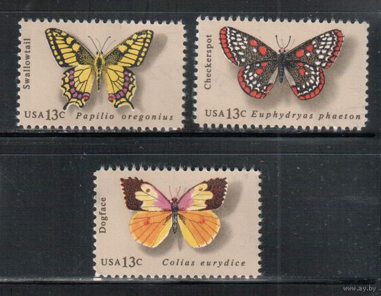 США-1977, (Мих.1300-1302) , * (без клея) , Фауна, Бабочки , 3 марки