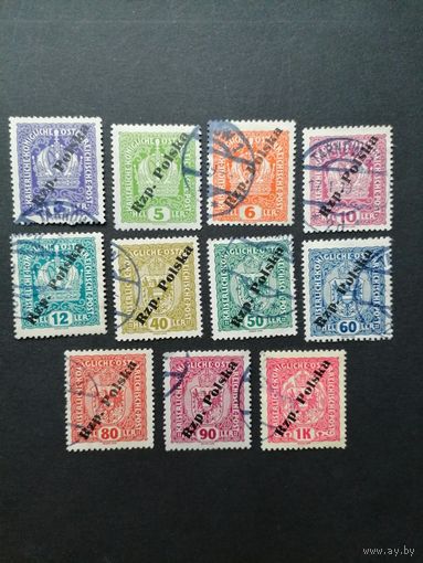 Польша 1918 Марки с надпечаткой "Rsp.Polska" дирекции в Познани на марках Австро-Венгерской империи Mi.185-199,204,206-207,209 (гашение) Mi.Tarnow III A каталог 40.00 евро