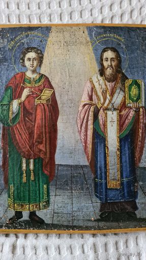 Старинная живописная икона 19 века Св. Пантелеймон , Св. Власий .