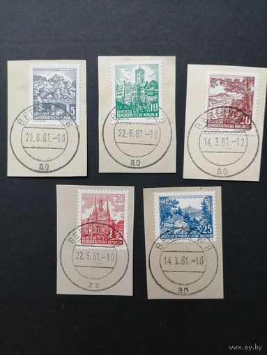 ГДР 1961 Полная серия марок на вырезках "Ландшафты и исторические постройки" (гашение) Mi.815-816,835-837 каталог 2.30 евро