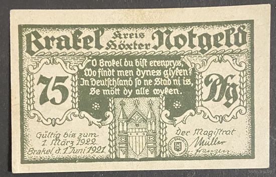 Нотгельд 75 пфеннигов 1921 год. Бракель. Веймарская республика