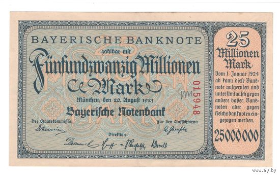 Германия Бавария 25 000 000 марок 1923 года. Состояние XF+/aUNC!