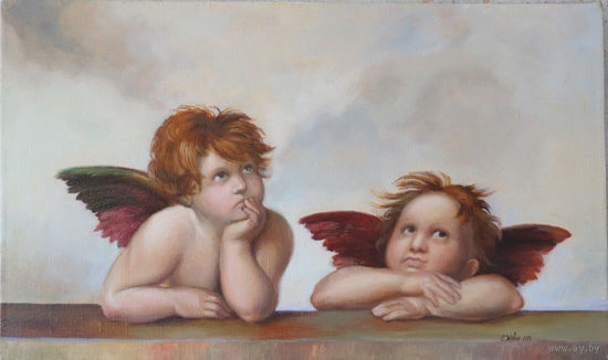 Копия фрагмента "Сикстинской Мадонны" Рафаэля маслом на холсте в классической многослойной технике