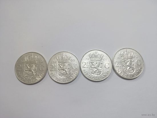 С рубля! 2 1/2 (2,5)  гульдена 1959,1960,1961,1962 года. 60 грамм серебра!