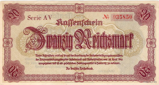 Германия, Судеты и Нижняя Силезия, 20 рейхсмарок, 1945 г. UNC-