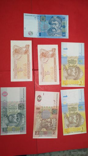 7 шт. Гривны. 1991- 2011 Купюры Украины. С рубля. (07).