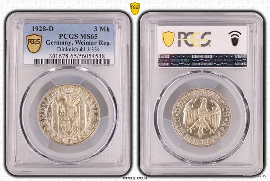 Германия.Веймарская республика. 3 марки 1928 D. Динкельсбюль. слаб PCGS MS65