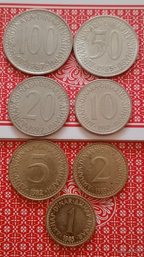 Югославия лот 7 штук 1,2,5,10,20,50,100 динар 1982-1987