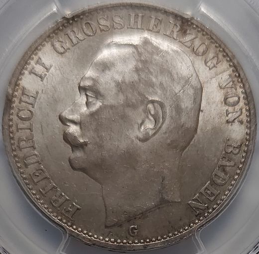 3 марки 1914 Баден PCGS MS-63 Нечастая позиция в данном грейде