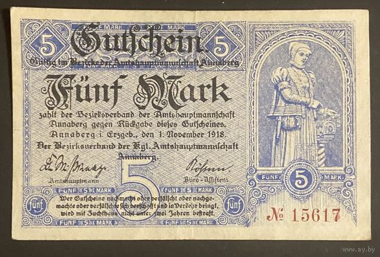 Банкнота 5 марок 1918 год. Аннаберг. Веймарская республика