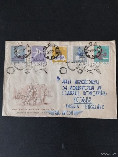 Польша 1958 Конверт с полной серией марок "400 лет почте Польши" (спецгашение и простое гашение) Mi.1063-1067 каталог 4.00 евро