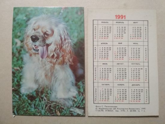 Карманный календарик. Собака. 1991 год