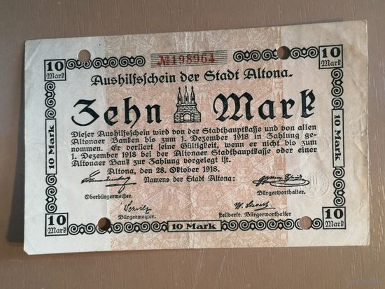 Германия, 10 марок, 1918 год, Альтона Hamburg (HAM), 012.05., B3, В/з Kreuzmaander, банковское гашение