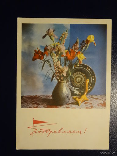 Поздравляем!  Букет в вазе, тарелка, белочка.  1967 г.  подписанная.