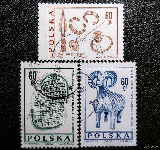 Марки Польша 1966 год Археология Серия из 3-х марок