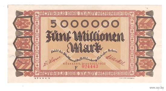 Германия Нюрнберг 5 000 000 марок 1923 года. Состояние XF+/aUNC!
