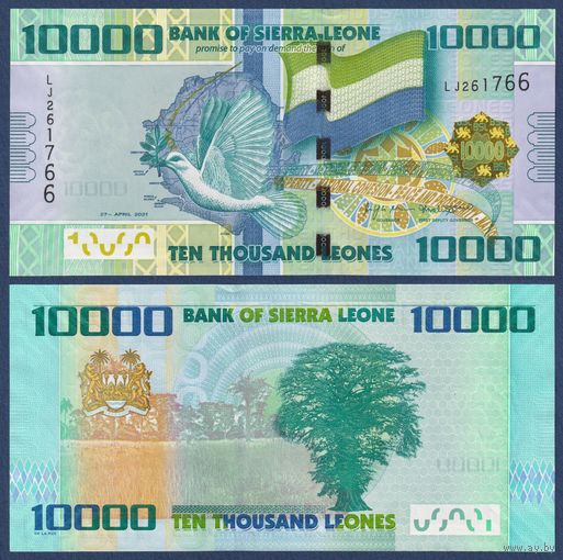 Сьерра-Леоне, 10000 леоне 2021 г., P-33 (LJ, символ Фритауна - Хлопковое Дерево), UNC