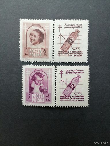 Польша 1948 Две марки с купонами из серии "Борьба с туберкулезом" (чистые*, на одной след от наклейки) Mi.512 Zf-513 Zf каталог 17.50 евро