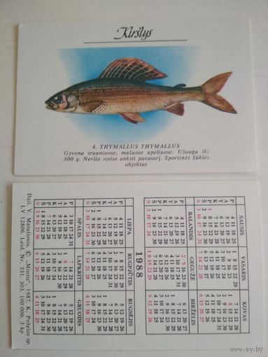 Карманный календарик. Рыбы, Литва. 1988 год