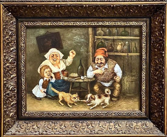 Почицкий В.В (dr. Klein). "Невинные забавы в театре простых страстей" или "Кость раздора". 1997 год. Холст, масло. Размер 47х58 см.