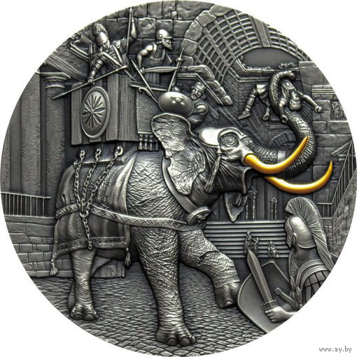 Ниуэ 5 долларов 2022г. "Боевой слон". Монета в капсуле; подарочной рамке - футляре; сертификат; коробка. СЕРЕБРО 62,20гр.(2 oz).