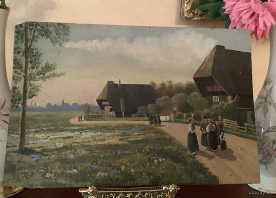 Картина Антикварная Домик в горах Деревня Масло на доске ХlX век ? Европа цена за пару