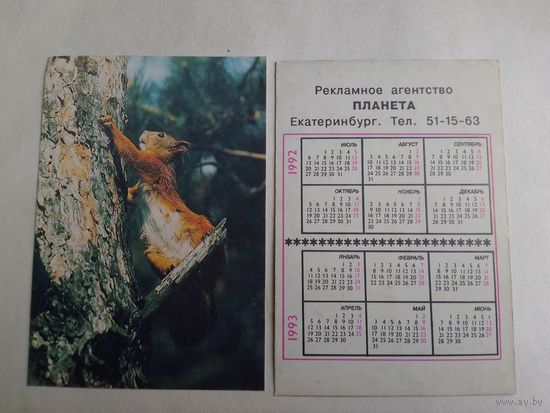 Карманный календарик. Белка.1992 год