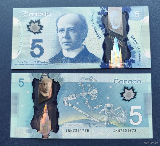 Канада, 5 долларов 2013 г., P-106e (INN, полимер, премьер-министр Уилфрид Лорье), UNC-**