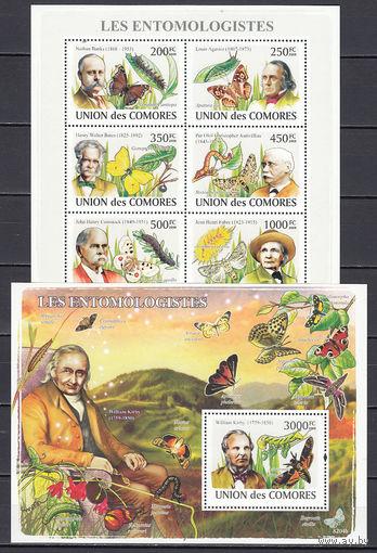 Фауна. Бабочки. Коморы. 2009. 1 малый лист и 1 блок. Michel N 2044-2049, бл464 (29,0 е).