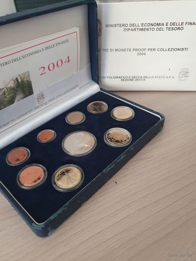 Италия 2004 год PROOF 1, 2, 5, 10, 20, 50 евроцентов, 1, 2 и 5 евро серебро в футляре