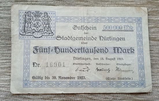 Werty71 Германия 500000 марок 1923 банкнота Нюртинген