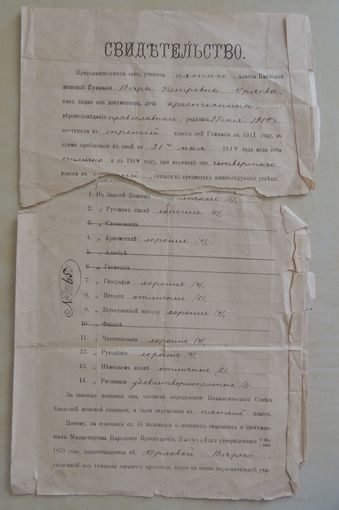 Свидетельство учащейся 5 класса Каинской женской гимназии о праве работать учителем начальных классов, 1914 г.