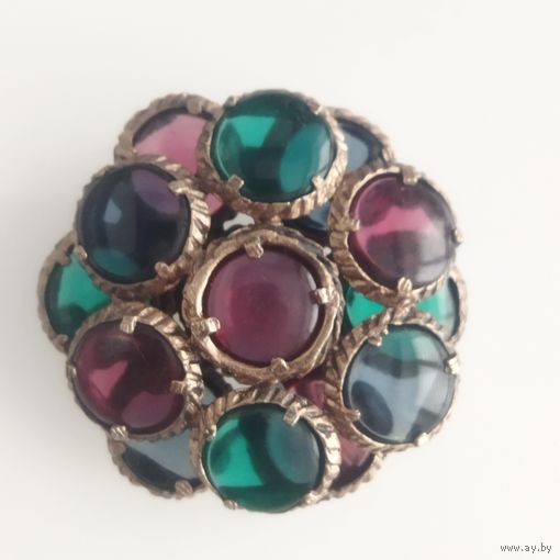 Редкая винтажная брошь" Trifari" . Цветные кабошоны. Оригинал. Купольная. 5 см.