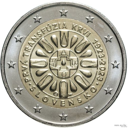 2 евро 2023 Словакия 100 лет со дня первого переливания крови UNC из ролла