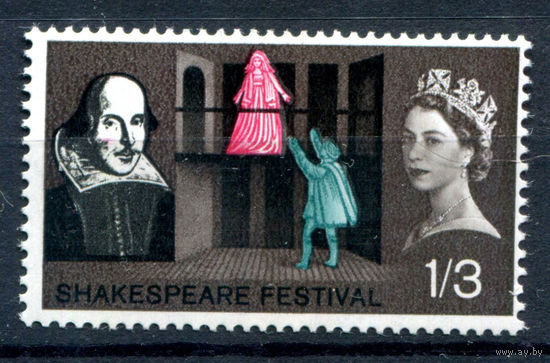 Великобритания - 1964г. - королева Елизавета II, Уильям Шекспир, 1/3 Sh - 1 марка - MNH [Mi 368]. #2-Bc-54-A-2