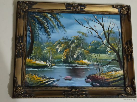 Картина "Романтический  пейзаж с рекой" Холст, масло