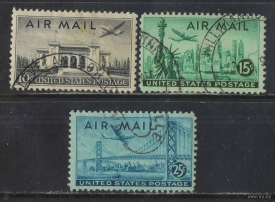 США Авиа 1947 Мартин 2-0-2 над зданием Панамериканского союза Локхид Континенталь над Статуей Свободы Боинг Б377 над мостом Сан-Франциско-Окленд Полная #560-2..